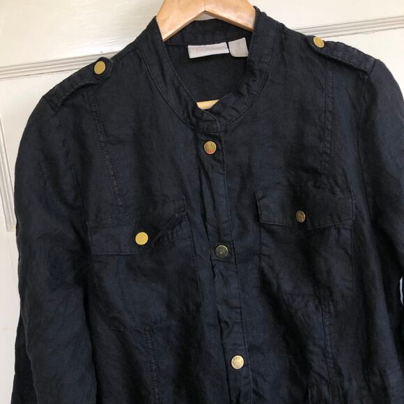 Chico's Black Linen Utility Jacket 100% Linen 2 LG Lightweight Zip Military Chic - Picture 2 of 11